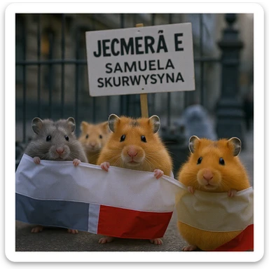 Cinematic shot of a group of hamsters takes over polish sejm. some of them has signs with "jebać samuela skurwysyna". sticker