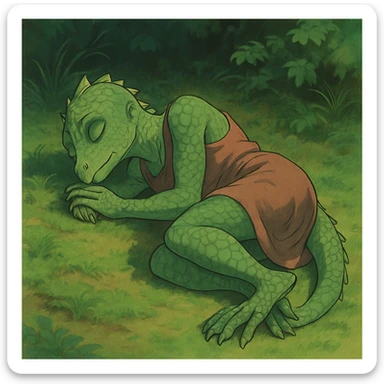 a Reptilian alien woman, full body, sleeping, in a different artistic style, ghibli style, detailed, imaginative sticker