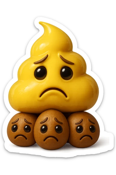 emoji stile iphone di una cacca giallina e liquida con espressione triste, sopra una montagnetta di feci a palline con espressione triste, iperrealistico 4k sticker
