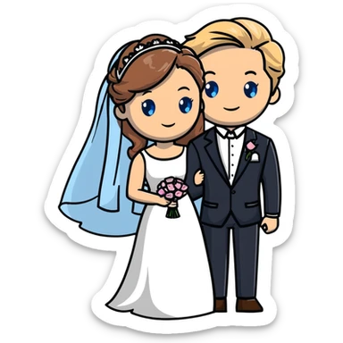 portrait of a bride with light brown hair and grey-blue eyes, and a groom with blonde hair, blue eyes, wearing a brown suit sticker