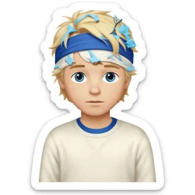 Create a look for a blond boy with long, tousled hair, light eyes, a white sweater, a wealthy appearance, blue eyes, and accessories like a Rolex or Cartier watch, and a cute face with messy hair down. blue eyes + headband white + pajama sticker