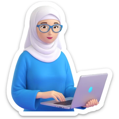 computer engineer with white hijab wearing blue outfit, presenting her metaverse creation with a large digital screen behind her displaying virtual worlds and code, laptop open in front of her showing programming interface, AR glasses, professional stance sticker