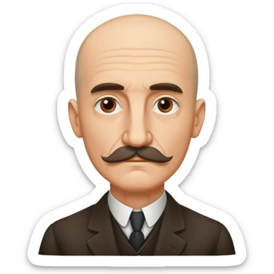Henri Bergson, bald head, prominent mustache, thoughtful expression, minimalist vector art, iOS emoji style sticker