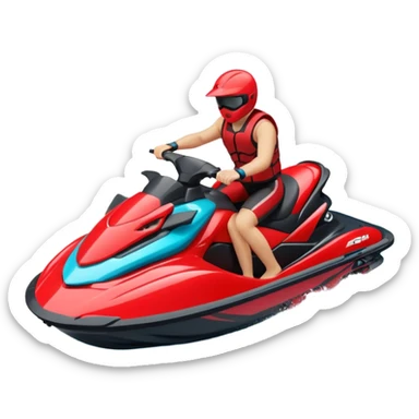 jet ski (red black and white all in the same amount. maybe a red a bit more dominant) on the sea. show the sea under the jet ski - blue with turquoise. no sky - white background instead. DO NOT REMOVE THE SEA AND THE WHITE WHEN FINALIZING!  sticker