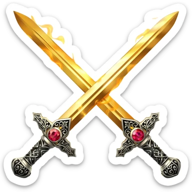 Flaming fully golden crossed swords with red gems sticker