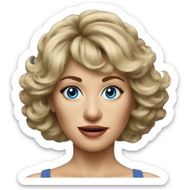 Medium length Dirty blonde big hair with bangs all across forehead and sides swept away from face woman of 60 with blue eyes  sticker
