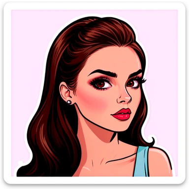 brown hair / black eyes / sharp jawline / pretty nose/big lips /long lashes/with full make up / hair is a little long  sticker