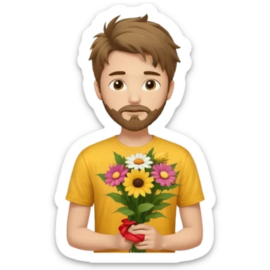 generate an ios genmoji of a 20 year old fair boy with brown long and messy hair with goattee beard on cheeks. carrying a flower bouquet, wearing a yellow tshirt, looking shy.  sticker