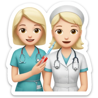 Create a cute, funny sticker-style story in a cartoon illustration.
Scene sequence shows a nervous patient getting an injection from a kind nurse.
 sticker