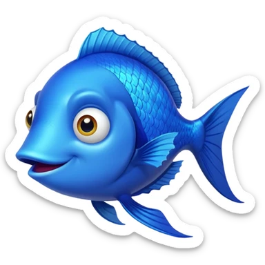 ridiculously stupid looking bright blue fish in side profile facing right, but with both crossed eyes somehow looking at viewer, dopey smile, flat 2D side view only sticker