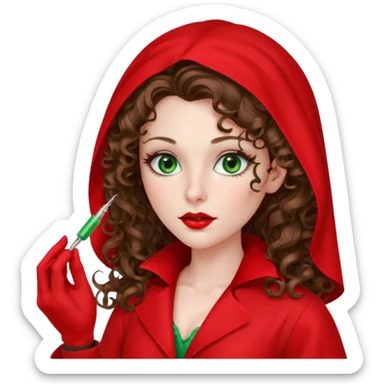 Spanish sexy evil woman. She has green eyes.  had brown long curly hair.  evil surgeon kills with needle wears red sexy doctor coat with red Juliet veil on her mouth and nose to hide and wearing red gloves.  sticker