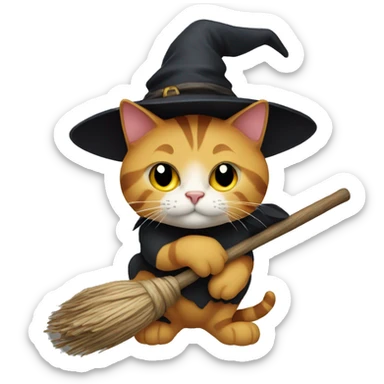 Cat with a witch hat on a broom sticker
