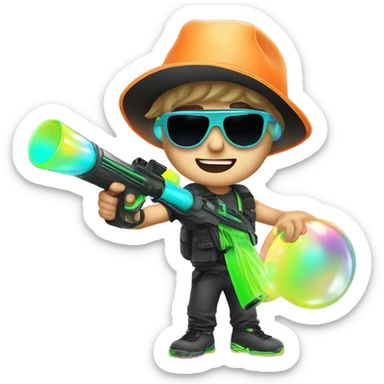 Caucasian boy in glowing rave gear with sunglasses and mask and hat and headlamp and shooting a bubble gun sticker