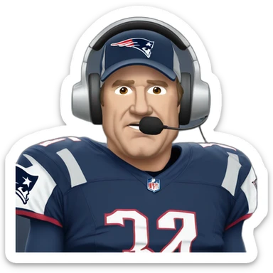 bill belichick, new england patriots, front facing with headset andmicrophone sticker