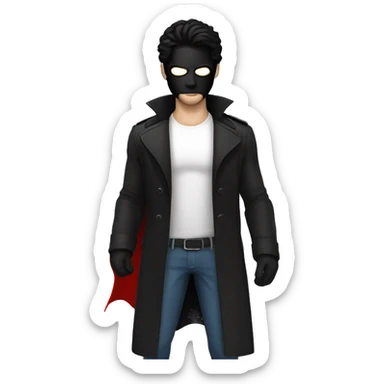 guy with black hair, white skin, a white winged superhero mask with black on the inside, black trenchcoat, red gloves sticker