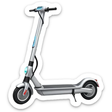 An icon featuring a sleek electric scooter with a modern design, parked on a smooth city sidewalk. The background shows a bustling urban landscape with clear skies, tall buildings, and pedestrians walking by. The scooter is highlighted as a symbol of eco-friendly transportation and modern mobility.  sticker