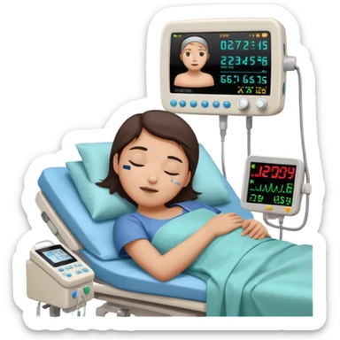 a PATIENT waking up before a surgery sleeping. And 1 monitor with vitals and numbers sticker