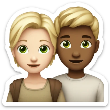 A boy with fair skin, blond short hair and blue eyes and a girl with fair skin, brown straight hair, with green eyes hugging together sticker