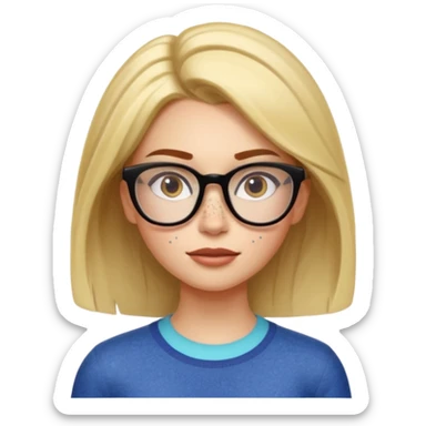 Emoji-style character illustration, inspired by expressive Pixar-style emotions. A slim female character with light skin and visible freckles, strong and confident facial expression. hair, stylish, medium length, glasses ,facial expressiveness inspired by the character Envy from Inside Out,  sticker