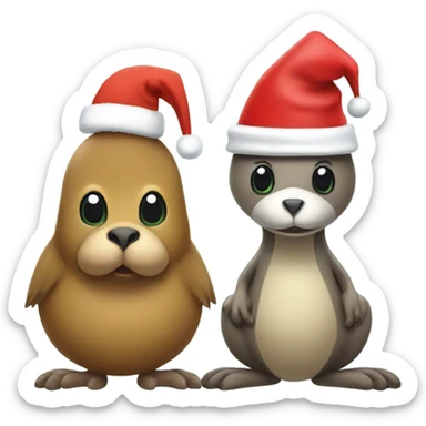 kiwi bird wearing Santa hat and kangaroo wearing Santa hats sticker