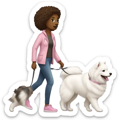 side profile full body view of brunette female with light pink skintone walking one samoyed dog on a leash going to the right sticker