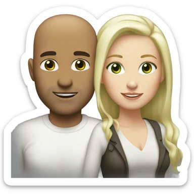 Loving white couple. Male = bald, 35, white, light green eyes. Female = long blonde highlights, light green eyes sticker