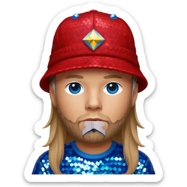 Fred Durst with long dark blonde hair, red sequin shirt and hat, blue eye sticker