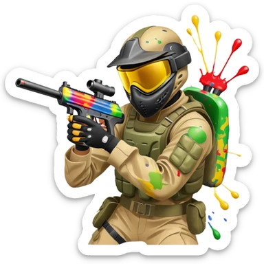 A paintball player in full gear, aiming a paintball gun with focus and determination. The scene includes vibrant splashes of paint and a dynamic battlefield setting, emphasizing action, strategy, and teamwork in a competitive environment sticker
