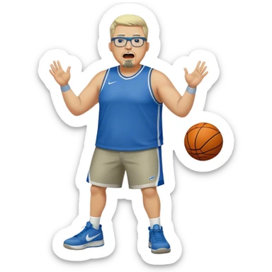 Full Body white male plus size wearing glasses with a goatee with light blonde and gray very short hair yelling basketball head Coach in blue and green wearing Nike  sticker