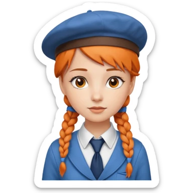 orange braided hair girl, wearing white shir, a brown berret Hat, Blue Necktie sticker