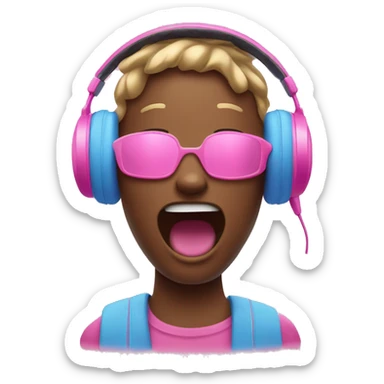 a taffy pink-colored emoji, singing notes with capri blue headphones sticker