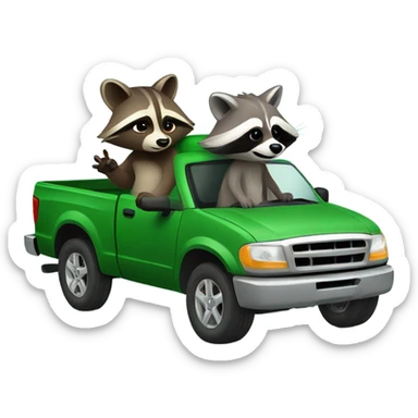 Raccoon driving green pickup truck with girlfriend raccoon sticker