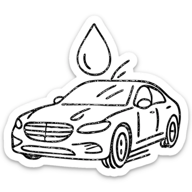 hand-drawn outlined icon of a full high-end vehicle with glossy black paint, water droplet sliding on the surface, subtle repellent effect with lines, clean and modern sticker