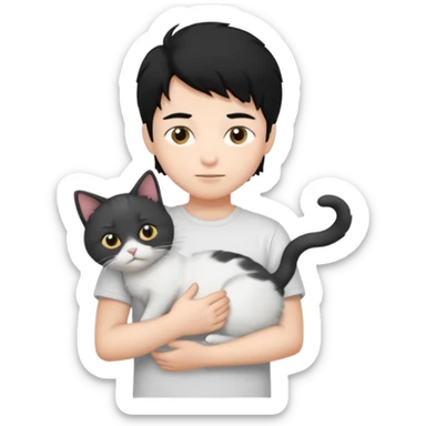 generate a pretty bratz emoji of a boy with black hair wearing a white tshirt and holding a cat sticker