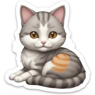 1 grey and white small cat with its eyes closed lying down leaning on its elbow with its paw curled under his head holding it up sticker