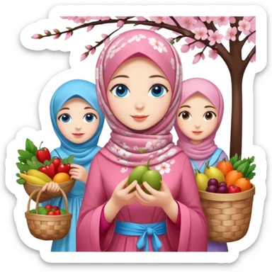 Turkish beautiful finish Konya girls blue eyes with lovely cherry blossom hijab long tail dress and the friends shopping in a market fruits and vegetables  sticker