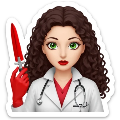Lilith scalpel sexy evil woman. She has green eyes.  has dark brown long curly hair.  evil surgeon kills holding scalpel.  wears sexy doctor coat with red gloves. Covers only nose neck  and mouth with Muslim red berka  sticker