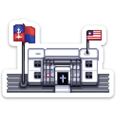 Hospital building with Thai flag on flagpole, medical cross symbol, red white blue striped flag of Thailand sticker