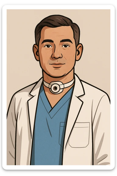 doctor with a visible tracheotomy tube, medical uniform, clear facial features, neutral background, modern illustration sticker