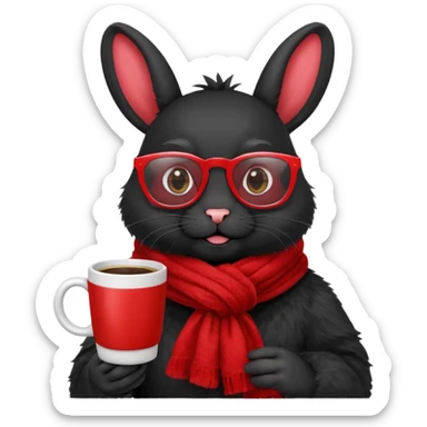 Black rabbit, wearing red glasses, red scarf, holding coffee mug
 sticker