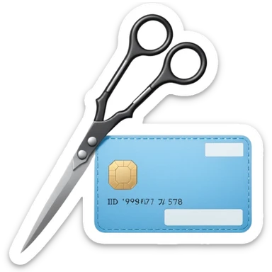 Floating black Scissors cutting a light blue idf ID card in 2 parts .hyper realistic sticker