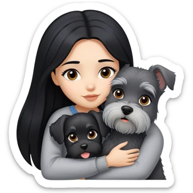 A beautiful girl with long black hair hugs a Schnauzer sticker