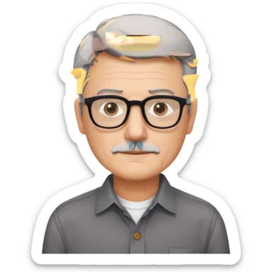 man 60 short dark grey hair, brown eyes small black rectangle glasses no beard sticker