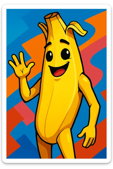 Fortnite skin Peely, anthropomorphic banana, playful expression, vibrant toon style sticker