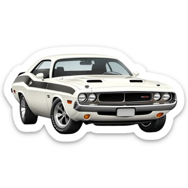 Accurate white 1971 Dodge Challenger, precise 30-degree three-quarter view, maintaining proper proportions and structure, detailed front grille and headlights, all-white exterior, iOS emoji style sticker