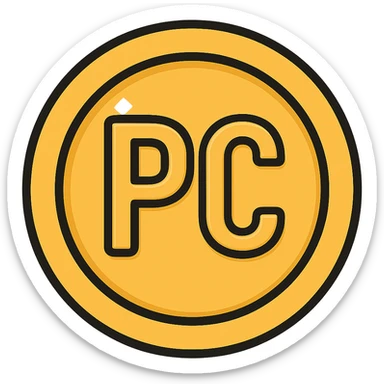 Add the text 'PC' in the center of the coin with an engraved or embossed effect, maintaining the shiny gold texture and look, in color outline style with no background. sticker