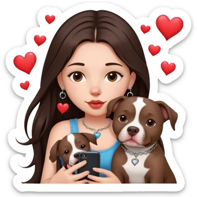 Young girl with long dark brown layered hair hair sits with her one dog who is a pretty girl pitbull with her cell phone in her hand in a small septum ring in her nose was hearts flying all around her sticker