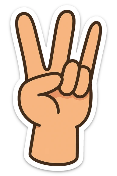 Edit the cartoon style hand in a peace sign gesture to have the pinky finger fully straight (not bent). Keep the original style and colors, no white outline, and transparent background. sticker