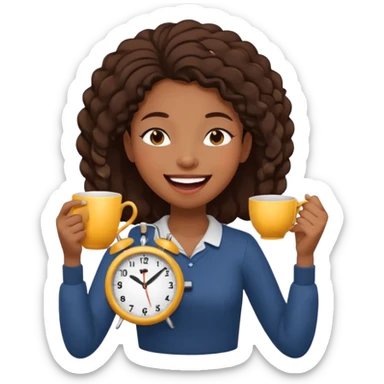 a black girl laughing with her eyes closed with a clock and tea in her hands sticker