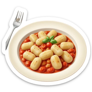 Gnocchi Cinematic Realistic Gnocchi Dish Emoji, depicted as tender oblong potato gnocchi garnished with iconic fork marks on top, rendered with soft textures and warm, inviting lighting. add tomato sauce sticker
